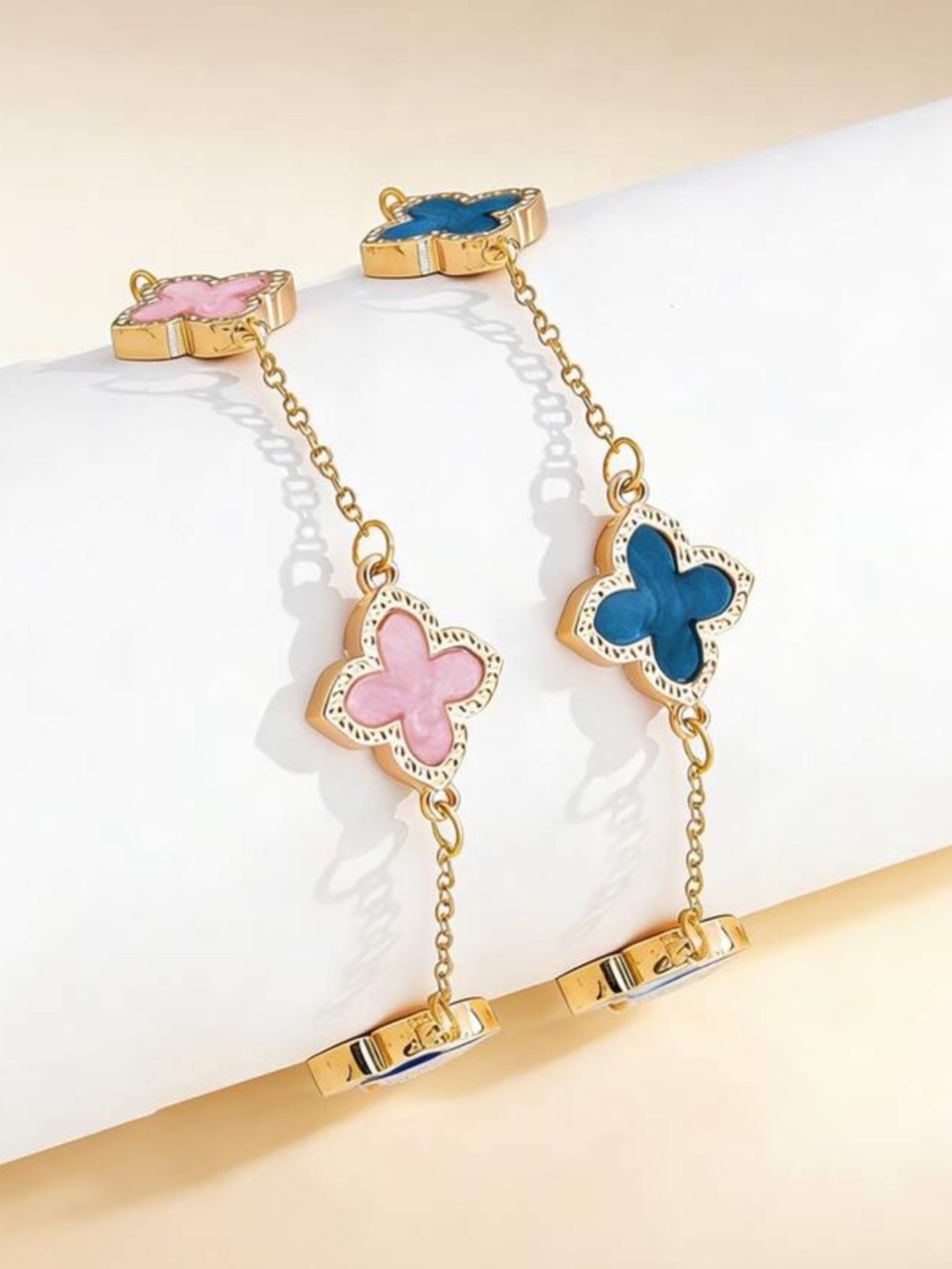 2pc Gold Clover Bracelet with Pink and Blue colors